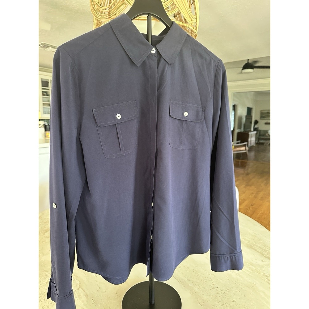 Women's Size 1 Chico's Navy Blue Long Sleeve Hidden Button Blouse Modal Pockets